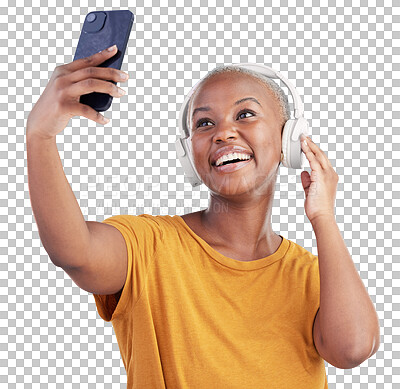 Woman, selfie and headphones listening to music, audio streaming and social media influencer on blue background. Young african person on mobile video call and profile picture or photography in studio