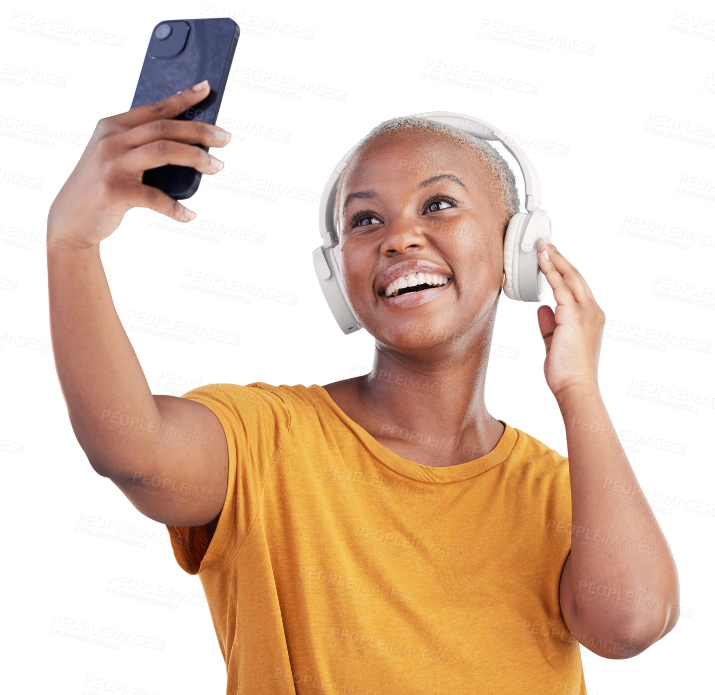 Buy stock photo Woman, happy selfie and headphones for music, streaming audio and social media influencer isolated on transparent png background. African model, listening to radio and profile picture for photography