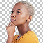 Thinking, decision and black woman with ideas, opportunity and choice on a blue studio background. Person, girl or model with problem solving, planning and solution with emoji, question and mindset