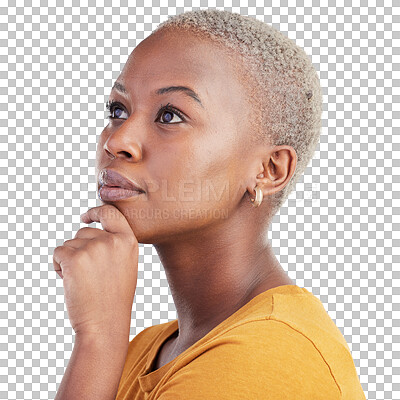 Buy stock photo Thinking, decision and black woman with ideas, opportunity and choice facial gesture. Brainstorming, planning and young African female model with question face isolated by transparent png background.