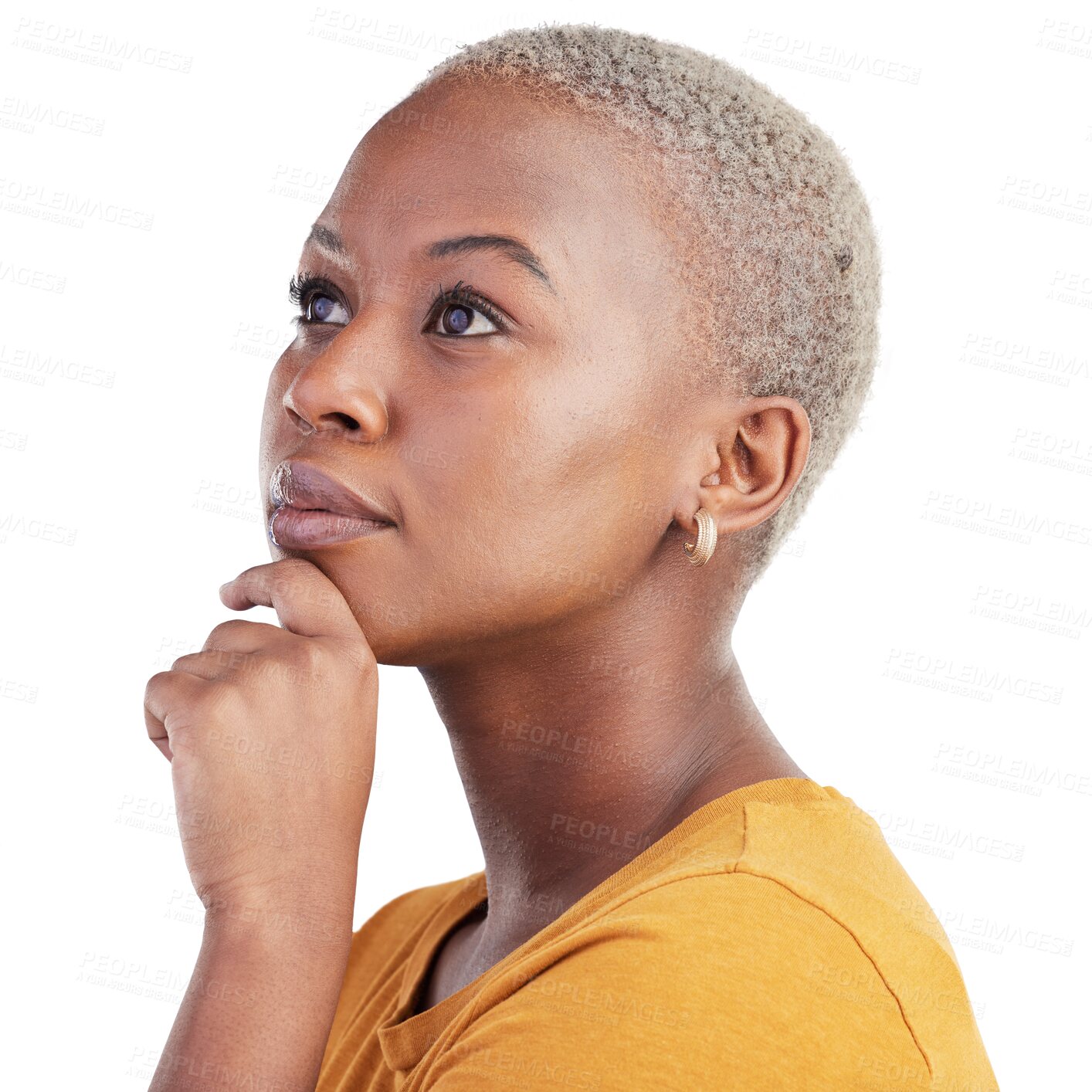 Buy stock photo Thinking, decision and black woman with ideas, opportunity and choice facial gesture. Brainstorming, planning and young African female model with question face isolated by transparent png background.