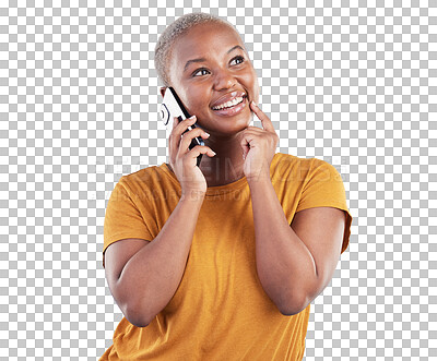 Buy stock photo Happy black woman, cellphone call and thinking of decision, listen to mobile news or feedback communication. Smartphone conversation, planning ideas and African person on transparent, png background