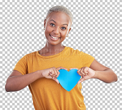 Buy stock photo Happy, love and portrait of black woman with heart on isolated, png and transparent background. Emoji, social media and person smile with shape, sign and symbol for valentines day, care and kindness