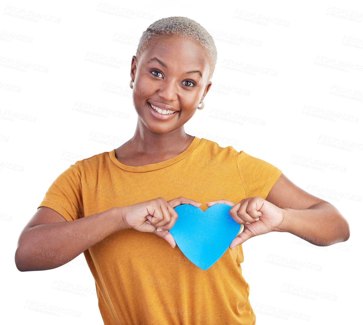 Buy stock photo Happy, love and portrait of black woman with heart on isolated, png and transparent background. Emoji, social media and person smile with shape, sign and symbol for valentines day, care and kindness