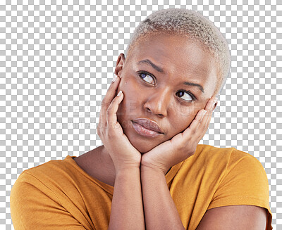 Buy stock photo Thinking, sad and black woman with doubt, decision or solution facial expression for depression. Mental health, upset and African female model with question isolated by transparent png background.