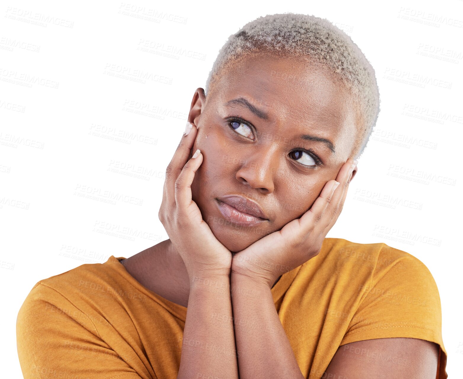 Buy stock photo Thinking, sad and black woman with doubt, decision or solution facial expression for depression. Mental health, upset and African female model with question isolated by transparent png background.