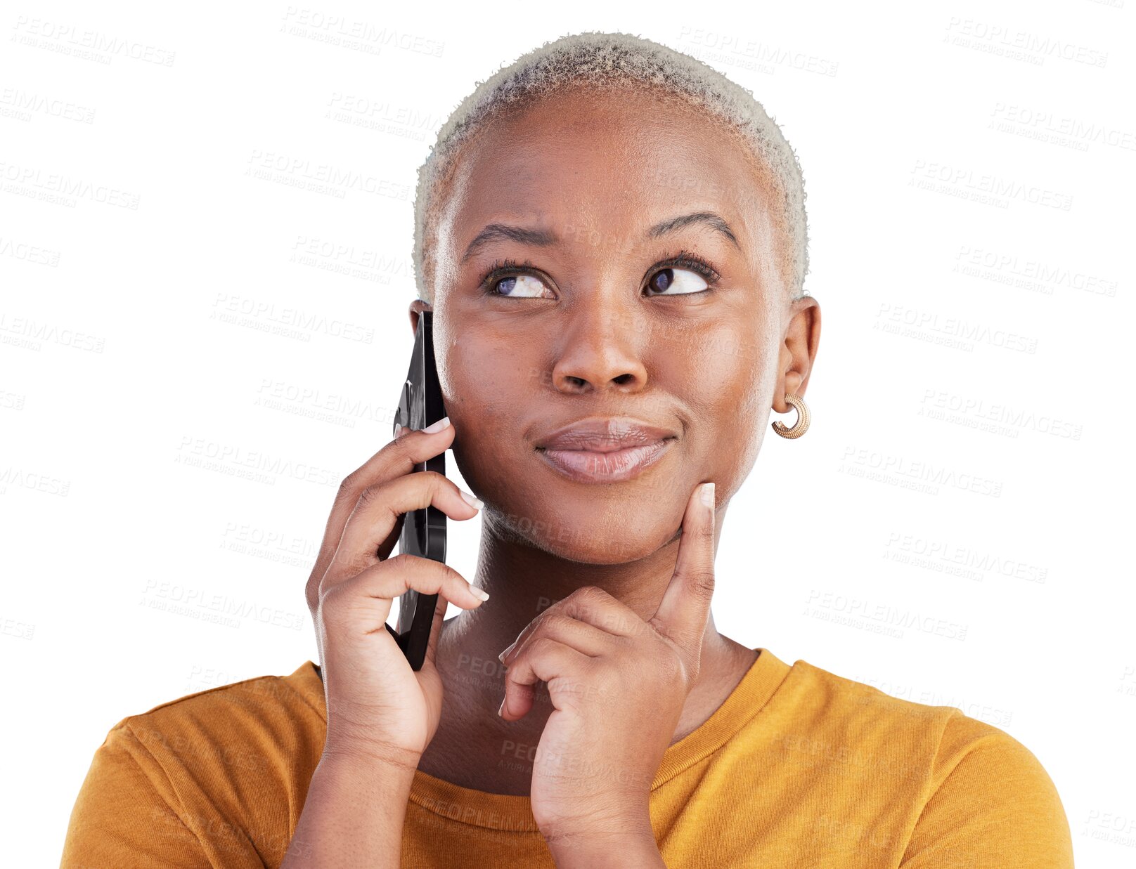 Buy stock photo Thinking black woman, face and cellphone call, discussion and doubt over smartphone choice, plan or connectivity solution. Talk, question and person contact phone user on transparent, png background