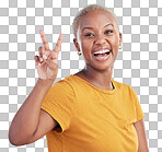 Hand, peace and black woman portrait in studio with thank you, success or feedback on blue background. V, sign and African female face with good vibes, smile or freedom emoji or self love support