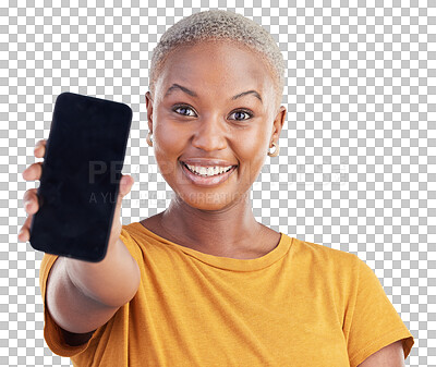 Buy stock photo Black woman, portrait and phone screen for advertising or marketing isolated on a transparent PNG background. Face of African female person smile showing mobile smartphone display, information or app