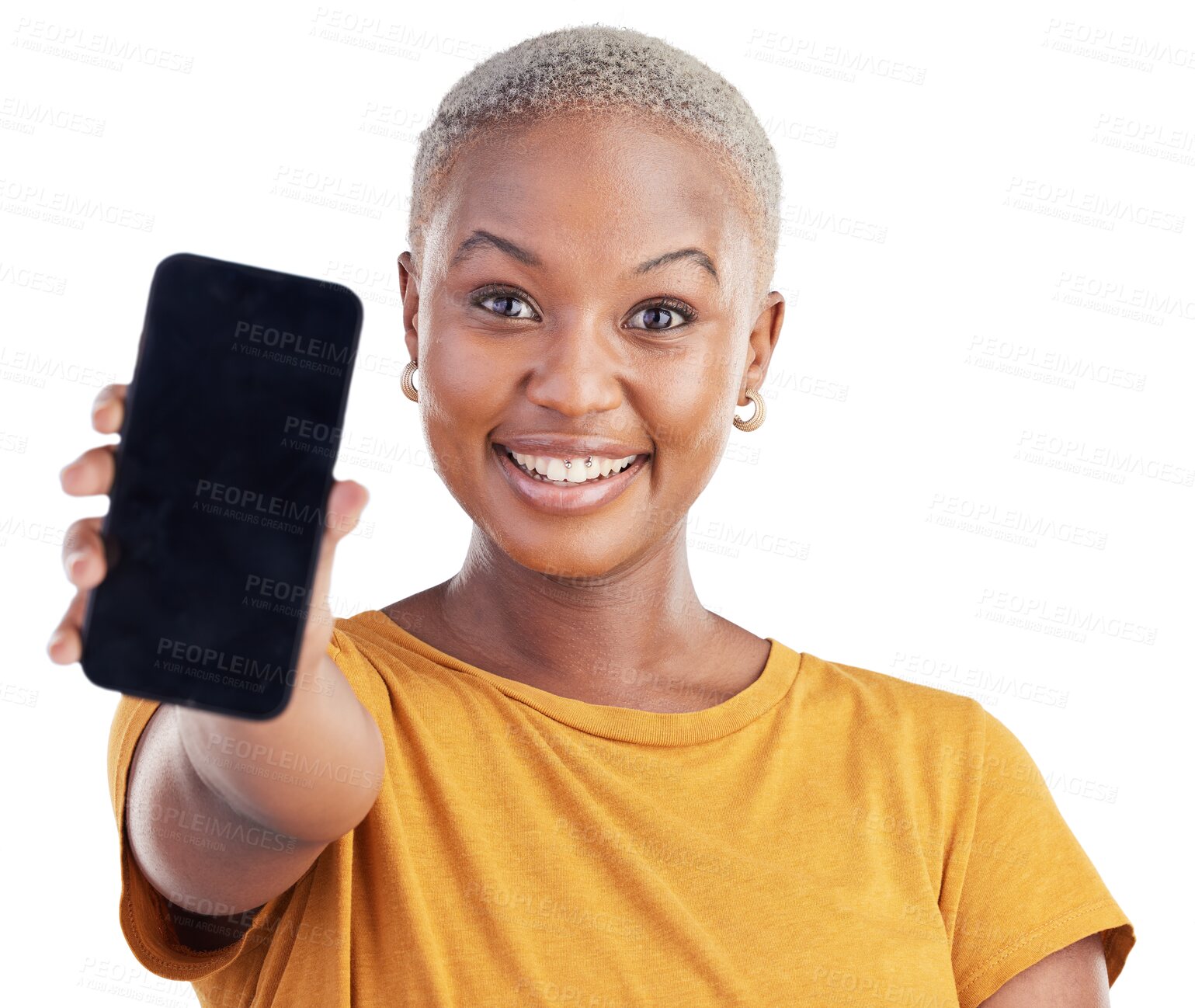 Buy stock photo Black woman, portrait and phone screen for advertising or marketing isolated on a transparent PNG background. Face of African female person smile showing mobile smartphone display, information or app