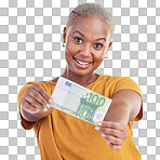 Money, note and happy woman in portrait for success, cash offer and investment choice on blue background. Face, financial profit and african person or winner with bonus, cashback or payment in studio