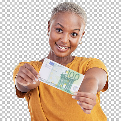 Buy stock photo Portrait of black woman, euro offer and isolated on transparent png background with prize, loan or cash. Money savings, giving cashback and girl with lottery win, budget payment and financial freedom