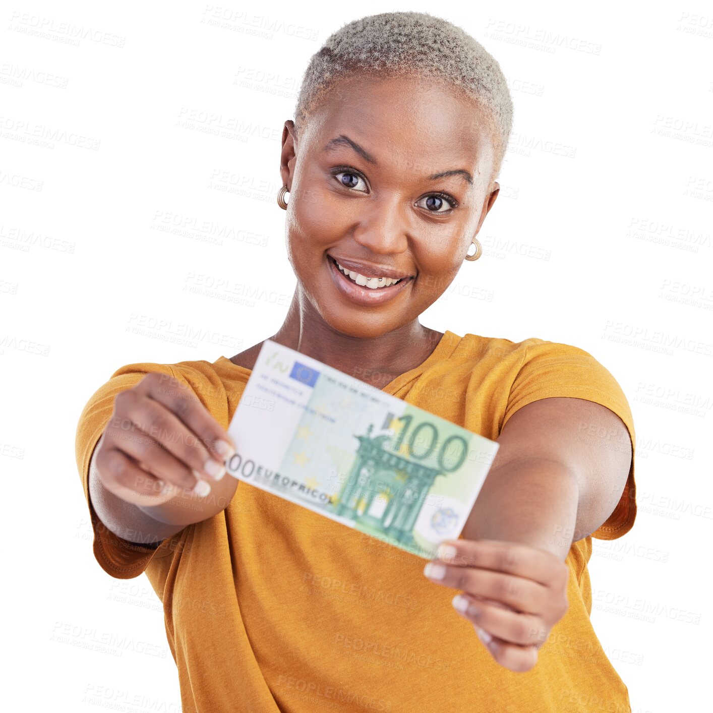 Buy stock photo Portrait of black woman, euro offer and isolated on transparent png background with prize, loan or cash. Money savings, giving cashback and girl with lottery win, budget payment and financial freedom