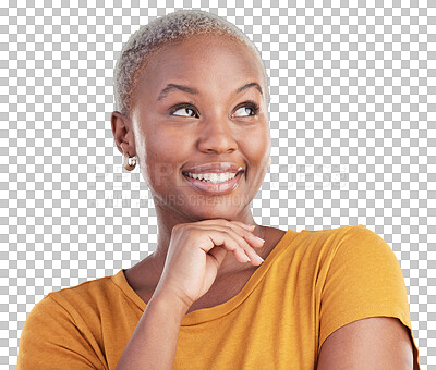 Buy stock photo Thinking, happy and young black woman with memory, reflection and good idea facial expression. Smile, brainstorming and African female model with decision face isolated by transparent png background.