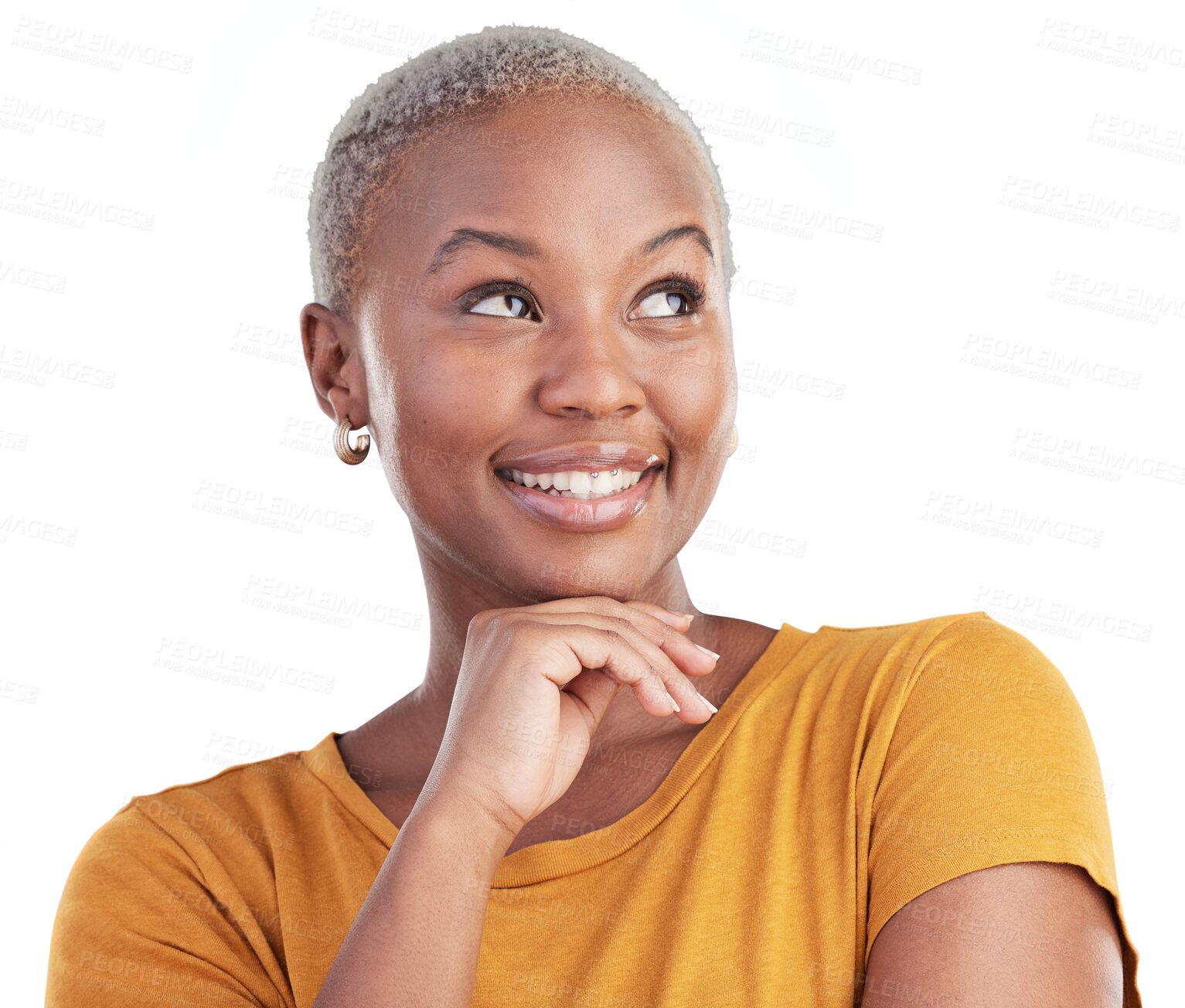 Buy stock photo Thinking, happy and young black woman with memory, reflection and good idea facial expression. Smile, brainstorming and African female model with decision face isolated by transparent png background.