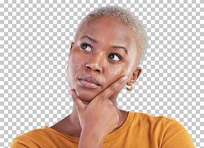 Buy stock photo Woman, face and thinking of ideas for planning choice, future inspiration and insight isolated on transparent png background. African model, remember memory and questions of decision, solution or why