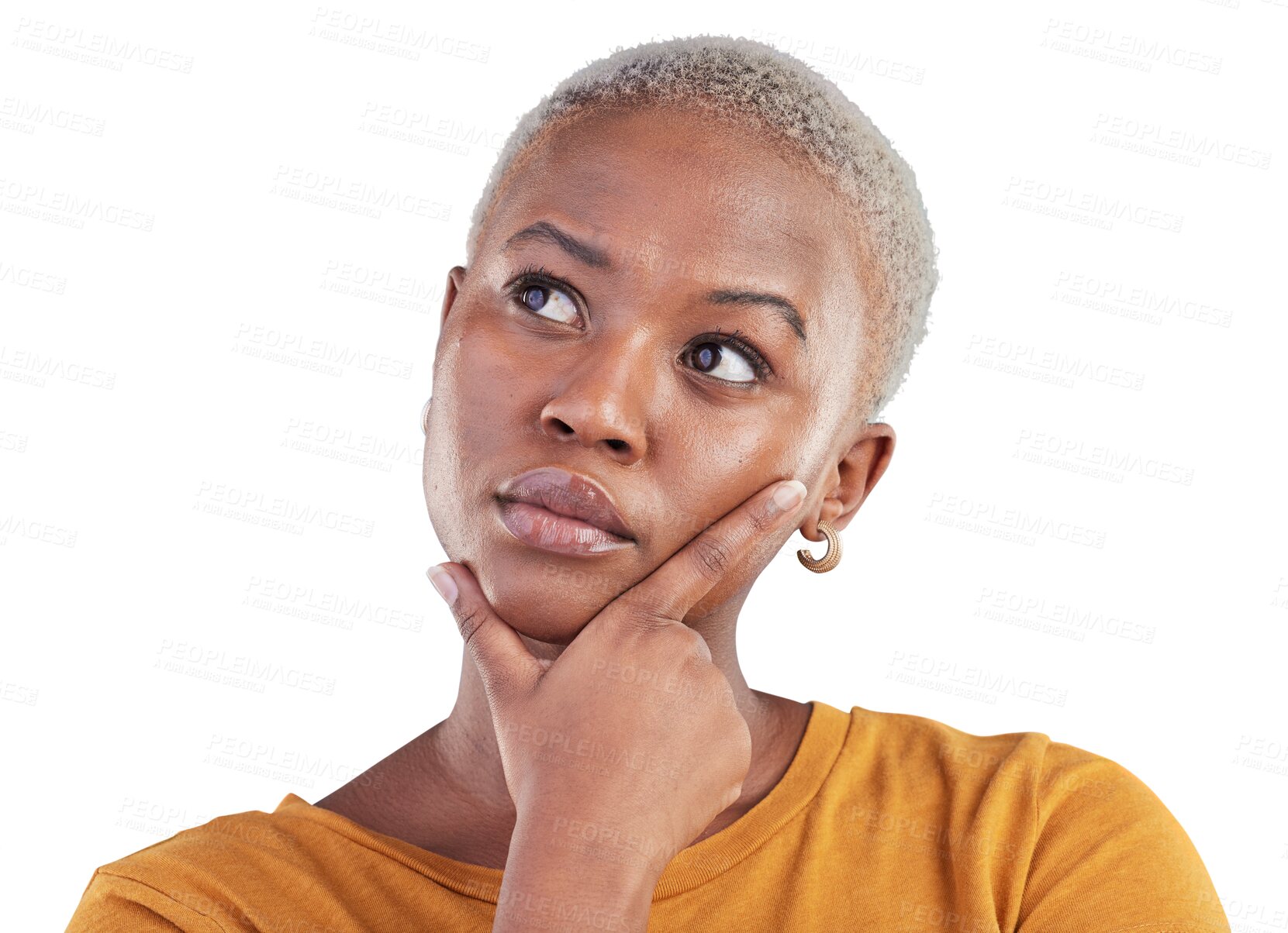 Buy stock photo Woman, face and thinking of ideas for planning choice, future inspiration and insight isolated on transparent png background. African model, remember memory and questions of decision, solution or why