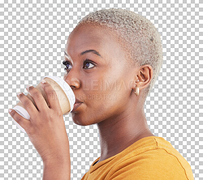 Thinking, drink or black woman with coffee on blue background to relax, chill and enjoy a beverage. Cappuccino latte, break or African girl on break with tea, caffeine or vision of future in studio