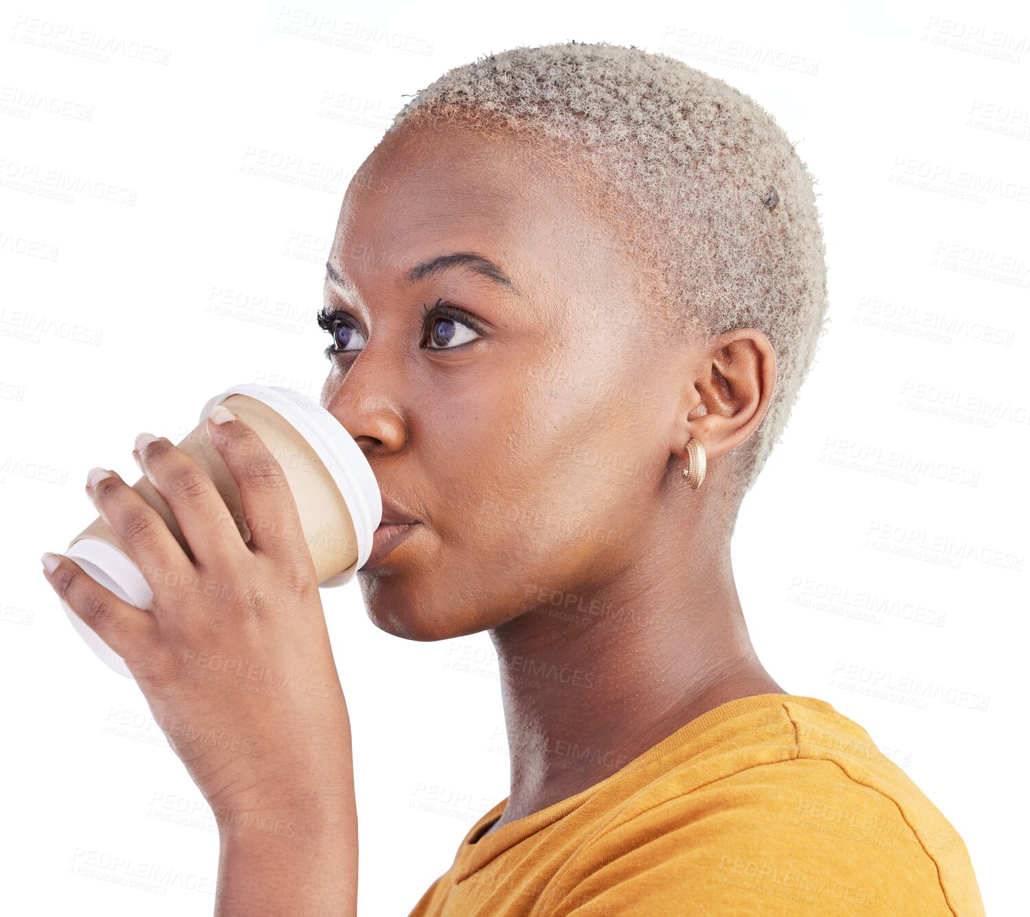 Buy stock photo Thinking, drink and black woman with coffee in relax isolated on a transparent PNG background. Face of African female person or model in wonder with cappuccino latte, or beverage for idea or vision