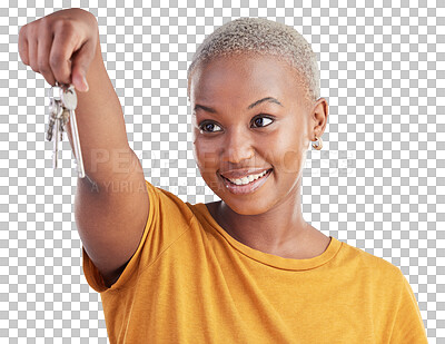 Buy stock photo Happy black woman, keys and new home for property or real estate isolated on a transparent PNG background. Face of African female person with house access for investment, mortgage loan or apartment