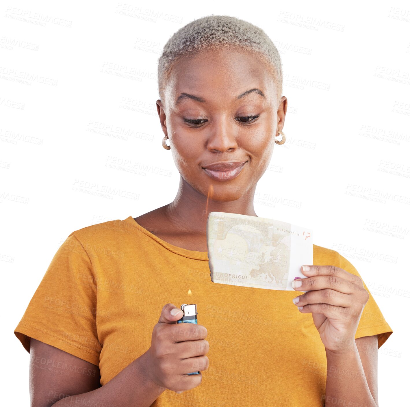 Buy stock photo Black woman, flame and burning money isolated on transparent png background with debt, loan and cash. Economy, bankruptcy and girl with euro on fire, budget payment and financial crisis in inflation.