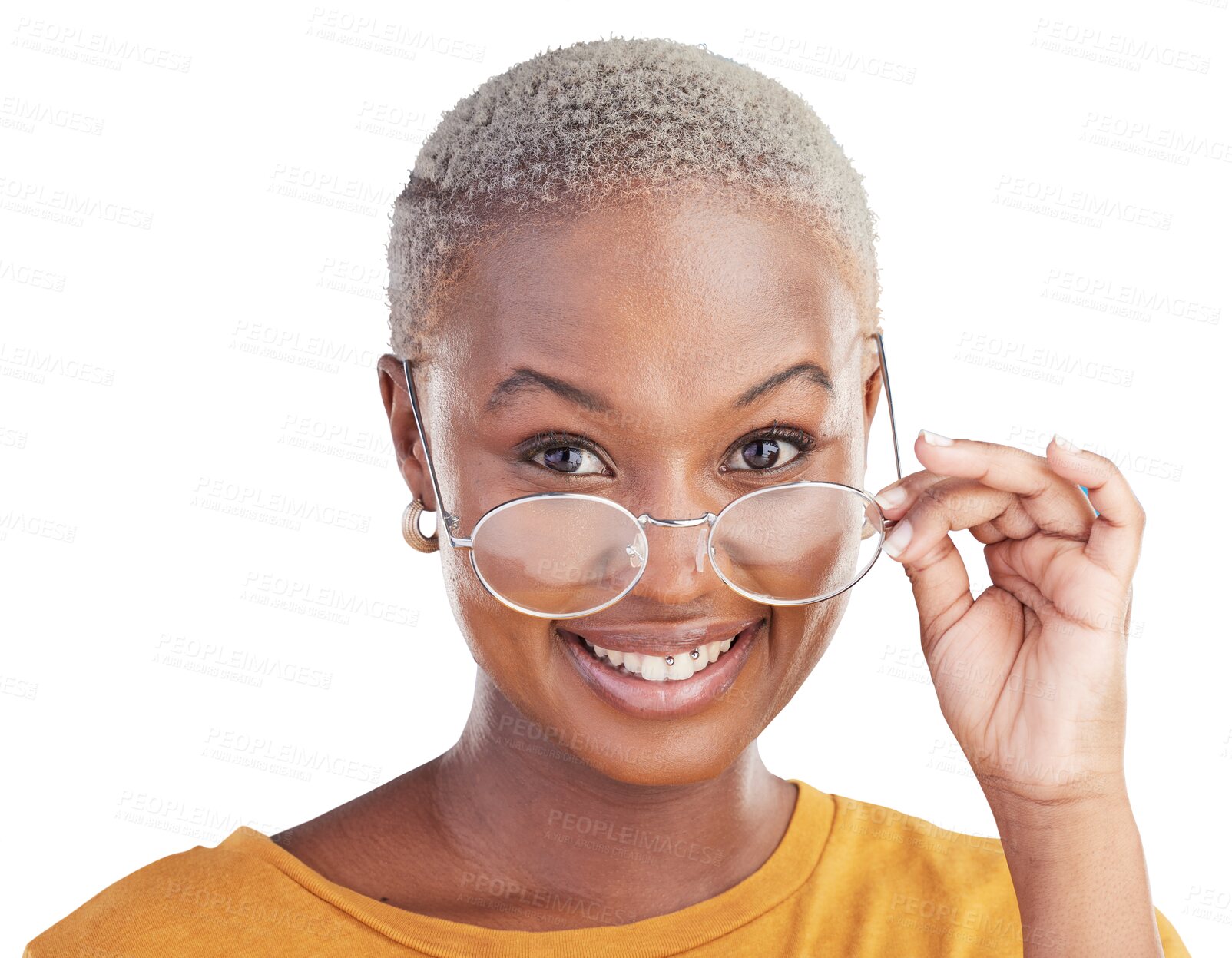 Buy stock photo Happy, portrait and black woman with glasses isolated on transparent png background for stylish, trendy and fashion. Cool, smile and face of girl for optometry with eyewear focus, vision and eye care