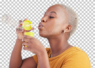 Buy stock photo Black woman, wand and playing or blowing bubbles standing isolated on a transparent PNG background. Face of African female person or model with bubble stick for fun soap or playful break in relax