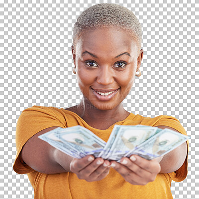 Buy stock photo Portrait of black woman, giving dollars and isolated on transparent png background with prize, loan and cash. Money savings, cashback and girl with lottery win, budget giveaway and financial offer.