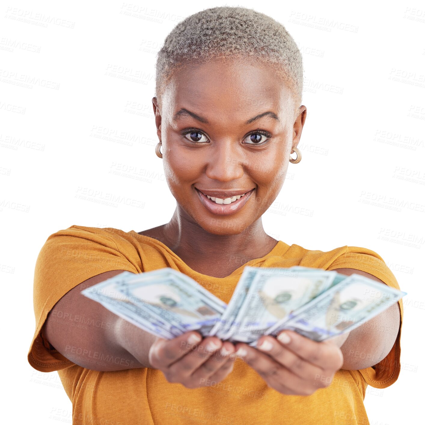 Buy stock photo Portrait of black woman, giving dollars and isolated on transparent png background with prize, loan and cash. Money savings, cashback and girl with lottery win, budget giveaway and financial offer.