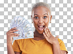 Money, wow and black woman in portrait for success, student loan or lottery fan on blue background. Surprise face, bonus and young person, student or winner for cashback or financial growth in studio