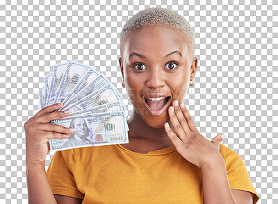 Buy stock photo Portrait of black woman, dollars and wow isolated on transparent png background with prize, loan and cash. Money fan, giving cashback and girl with lottery win, budget payment and financial freedom.