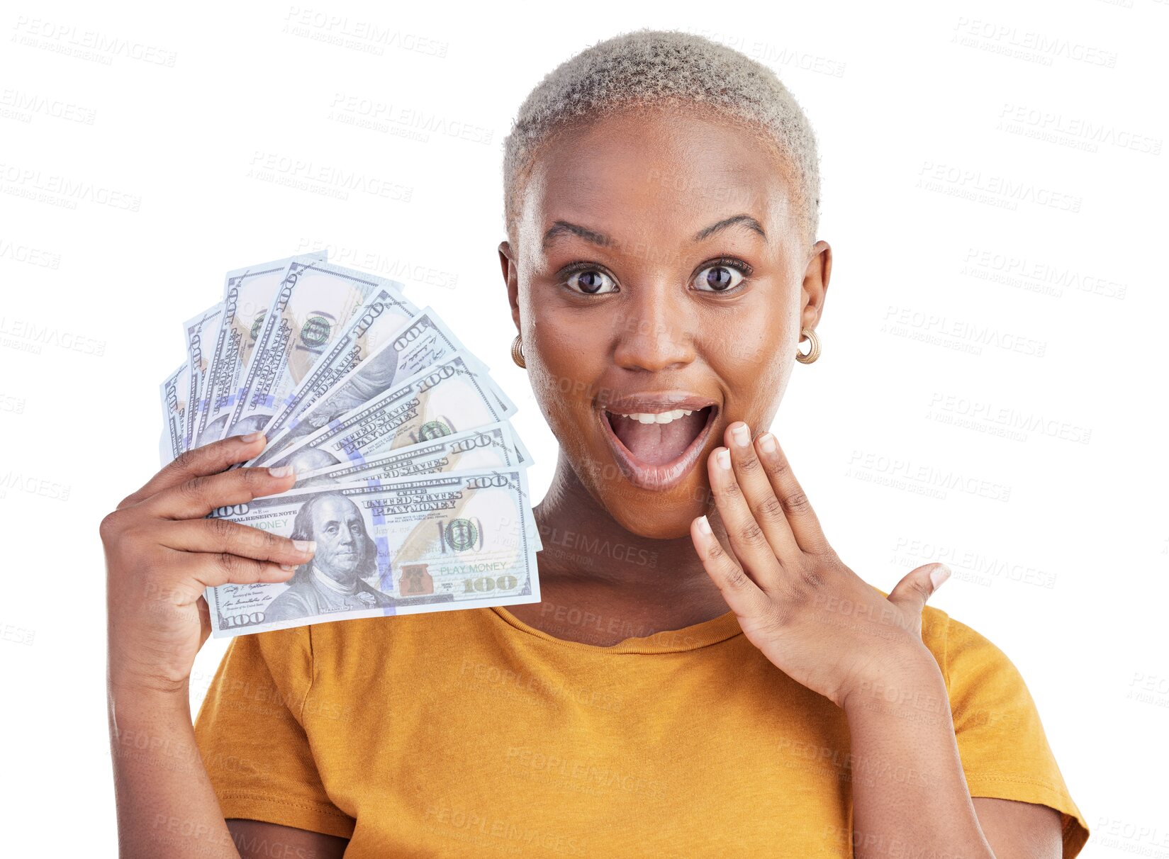 Buy stock photo Portrait of black woman, dollars and wow isolated on transparent png background with prize, loan and cash. Money fan, giving cashback and girl with lottery win, budget payment and financial freedom.