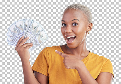 Buy stock photo Portrait of black woman, pointing at dollars and isolated on transparent png background with prize, loan and cash. Money fan, cashback and girl with lottery win, budget payment and financial freedom.