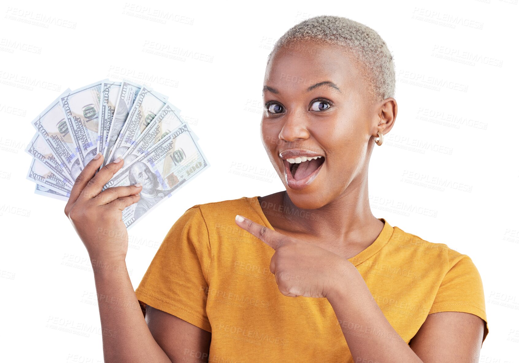 Buy stock photo Portrait of black woman, pointing at dollars and isolated on transparent png background with prize, loan and cash. Money fan, cashback and girl with lottery win, budget payment and financial freedom.