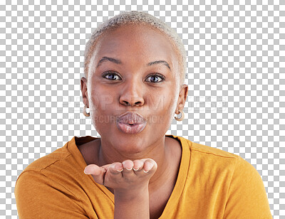 Buy stock photo Portrait, woman and blow kiss for love, care and romantic flirting isolated on transparent png background. Face of african model kissing air with hands for emoji, reaction and date on valentines day