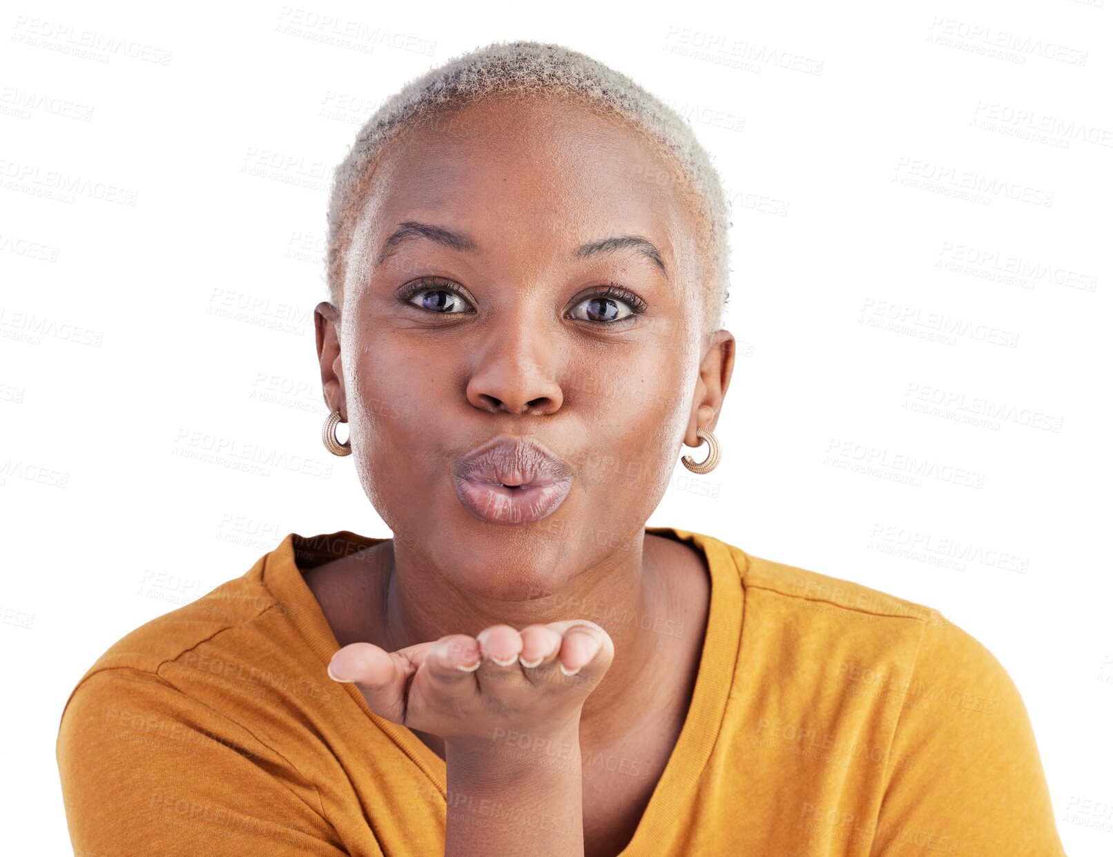 Buy stock photo Portrait, woman and blow kiss for love, care and romantic flirting isolated on transparent png background. Face of african model kissing air with hands for emoji, reaction and date on valentines day