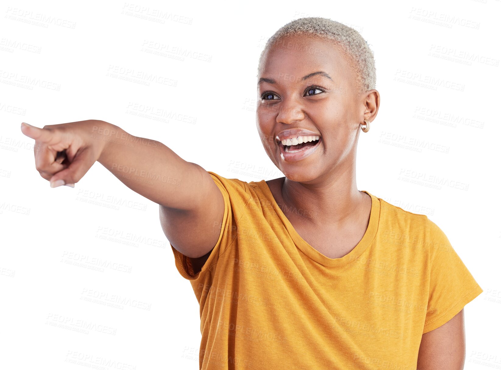 Buy stock photo Pointing, smile and black woman excited for commercial promo, info or announcement on transparent, png background. Happy, advertising and African model gesture at direction, choice or show decision