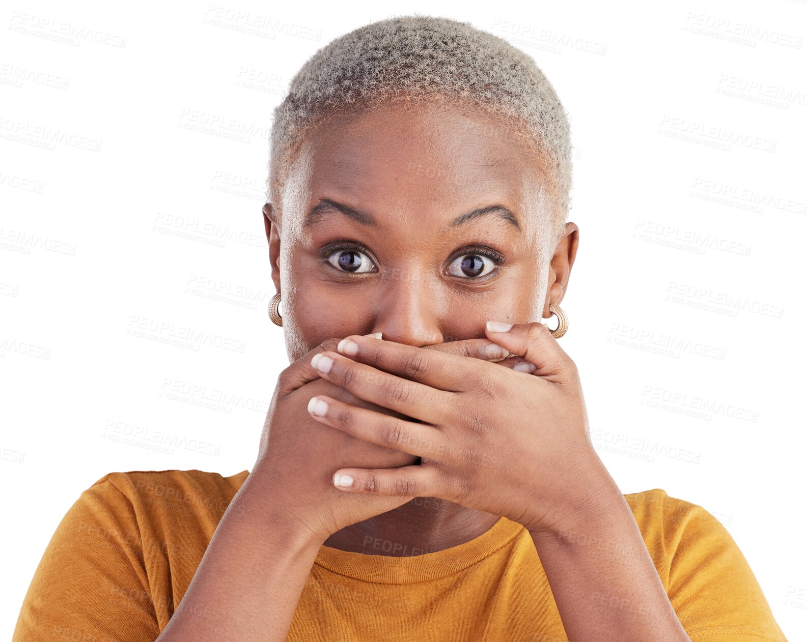 Buy stock photo Gossip, secret or portrait of black woman shocked by deal or announcement. Wow, fake news or surprise of a female person excited for promotion or sale isolated on a transparent, png background