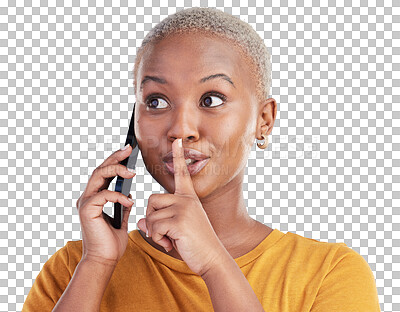 Buy stock photo Phone call secret, black woman and finger on lips for mystery, gossip or privacy drama conversation, silence or rumor. Face, news and African person with shush gesture on transparent, png background