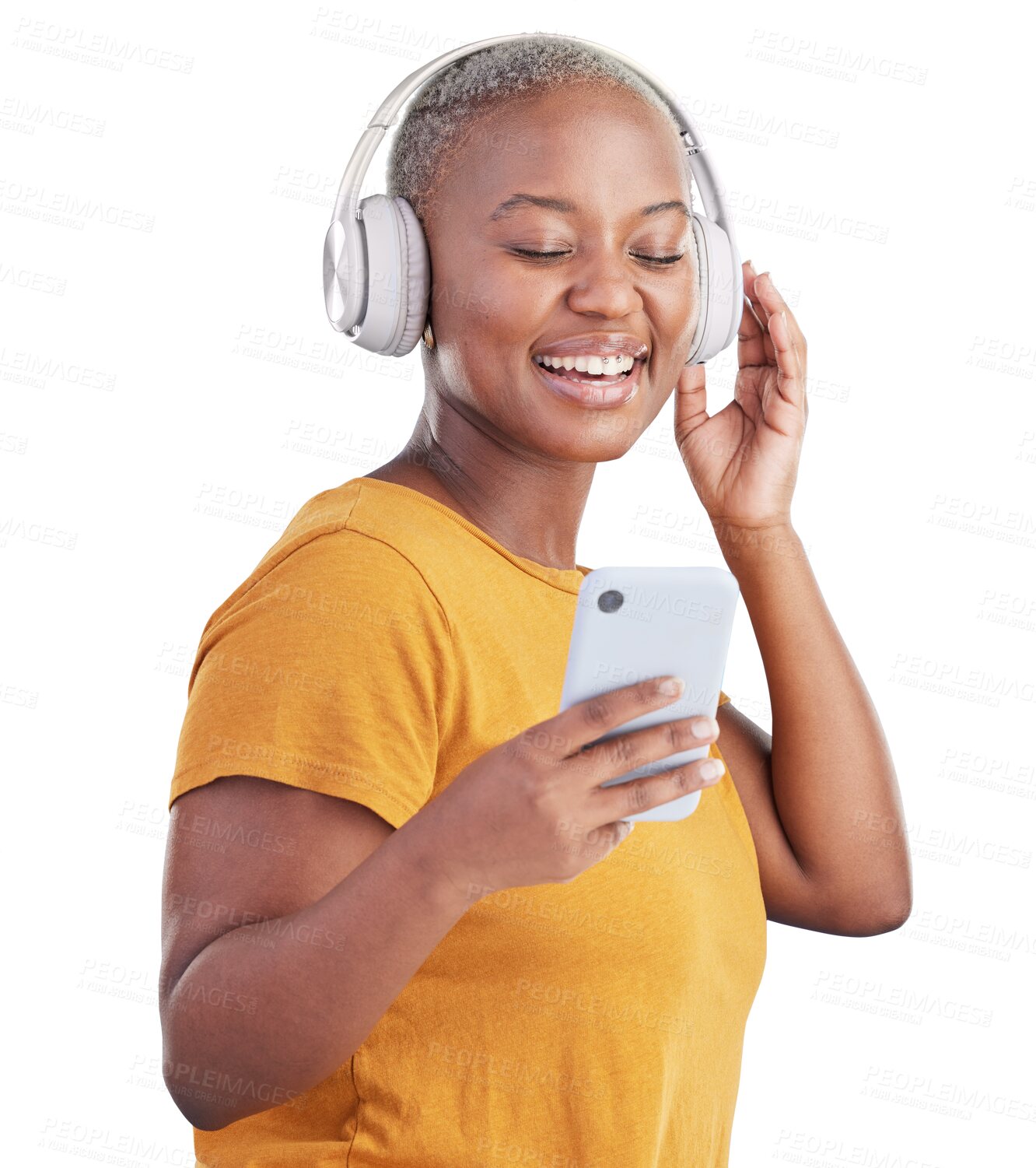 Buy stock photo Happy black woman, phone and headphones for music isolated on a transparent PNG background. Young African female person smile with mobile smartphone listening to podcast or sound in audio streaming