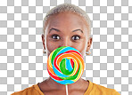 Candy, lollipop and portrait a woman in studio for wow sweets, rainbow and creative advertising. Happy black female person isolated on a blue background with sugar, freedom and color surprise