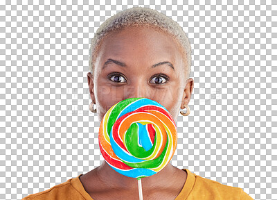 Buy stock photo Lollipop, excited and portrait of black woman with candy in studio for sweets, rainbow and creativity. Happy, young and African female person with sugar isolated by transparent png background.