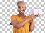 Portrait, present and happy black woman with box in studio isolated on a blue background for giveaway. Face, smile and African person with gift for party, celebration of holiday or birthday package