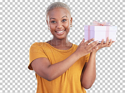 Buy stock photo Portrait, happy and black woman with gift box, party product or parcel on transparent, png background. Birthday event, smile and girl with special present, Christmas package or giveaway prize award