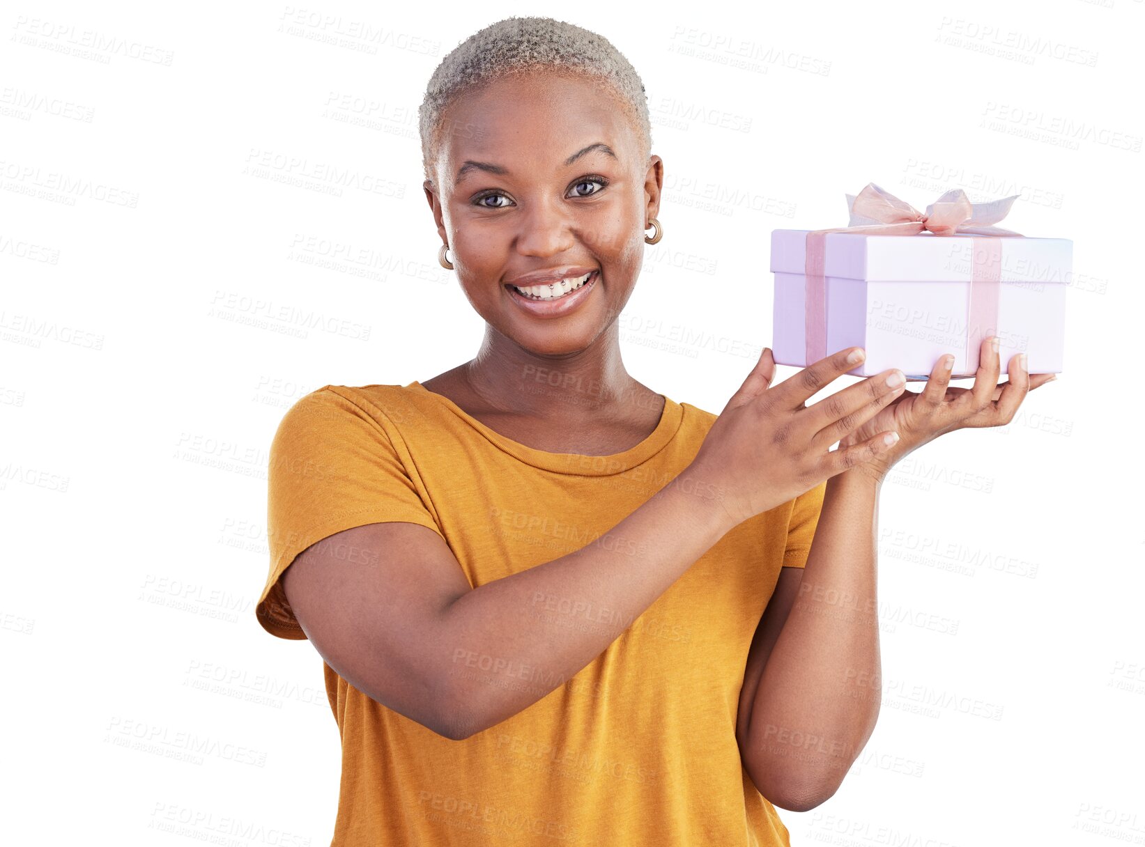 Buy stock photo Portrait, happy and black woman with gift box, party product or parcel on transparent, png background. Birthday event, smile and girl with special present, Christmas package or giveaway prize award