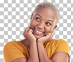 Thinking, happiness and black woman with inspiration, opportunity and choice on a blue studio background. Person, girl or model with problem solving, smile or decision with ideas, excited or solution