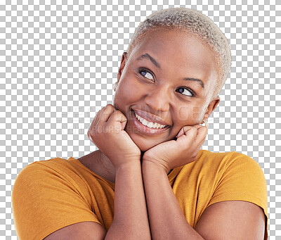 Buy stock photo Thinking, smile and young black woman with memory, reflection and good idea facial expression. Happy, brainstorming and African female model with decision face isolated by transparent png background.