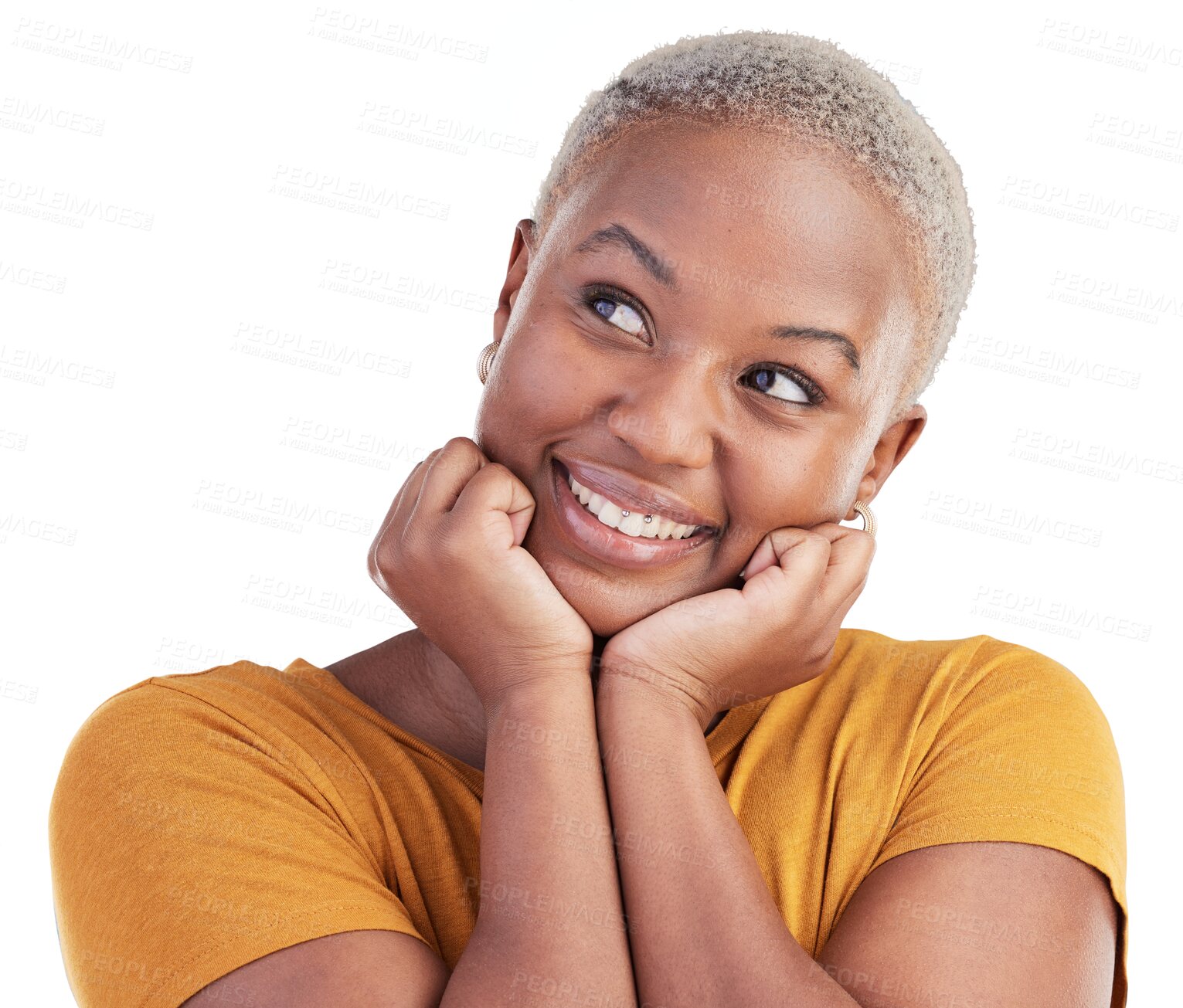 Buy stock photo Thinking, smile and young black woman with memory, reflection and good idea facial expression. Happy, brainstorming and African female model with decision face isolated by transparent png background.