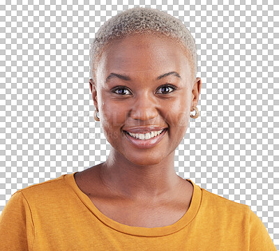 Buy stock photo Happy, excited and portrait of young black woman with positive, good and confident attitude. Happiness, smile and African female model with casual fashion isolated by transparent png background.