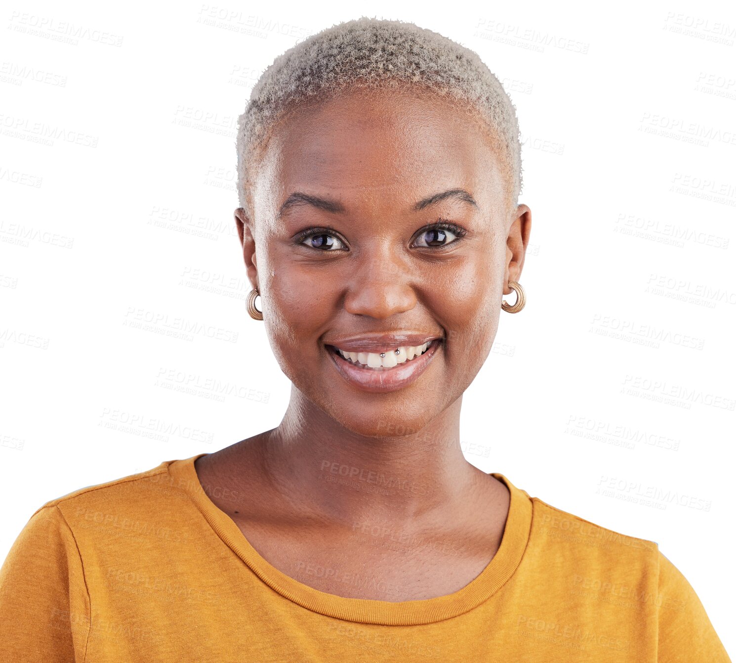 Buy stock photo Happy, excited and portrait of young black woman with positive, good and confident attitude. Happiness, smile and African female model with casual fashion isolated by transparent png background.